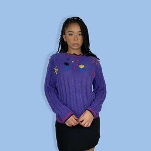 Vintage 80s Inspired Floral Ribbed Cable Knit Sweater